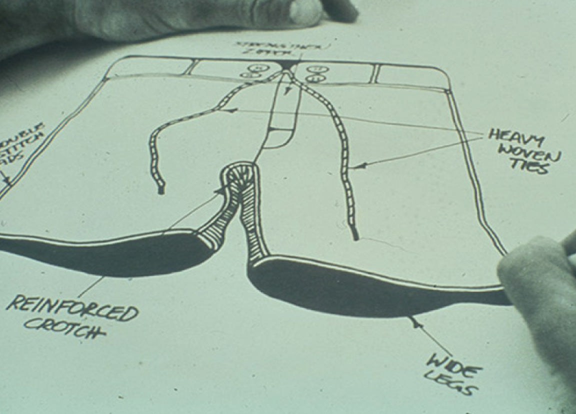 Technical drawing of a pair of pants with labeled features on a light background