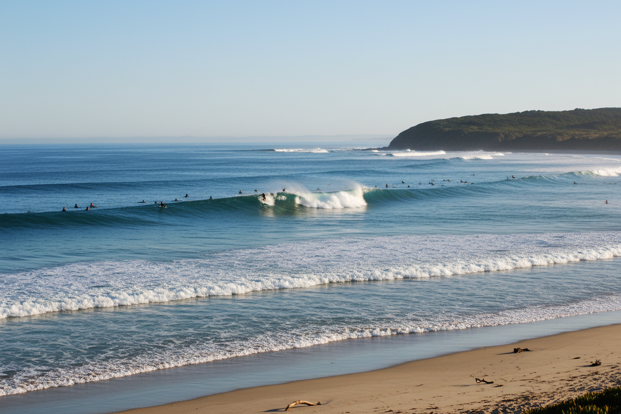 Men's Clothing - View of the ocean with surfers